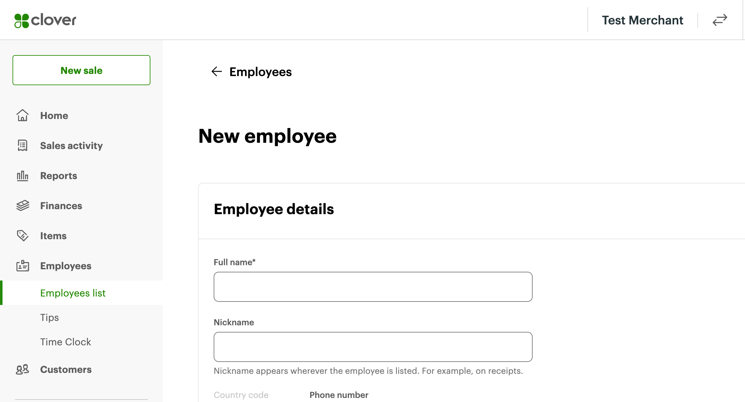 Merchant Dashboard—New employee page