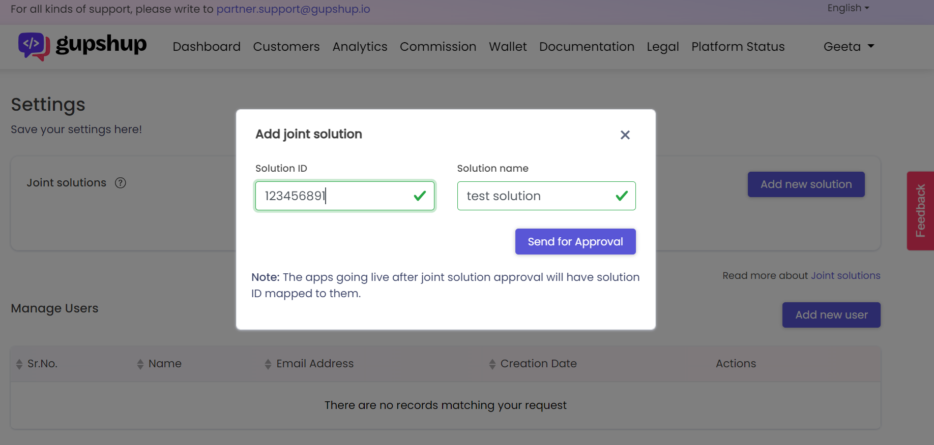 Partner can add new joint solution from their settings menu