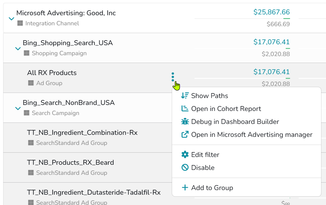The three-dot menu on an ad group filter created by the Microsoft Advertising integration: Show Paths, Open in Cohort Report, Debug in Dashboard Builder, Open in Microsoft Advertising manager, Edit filter, Disable, Add to Group