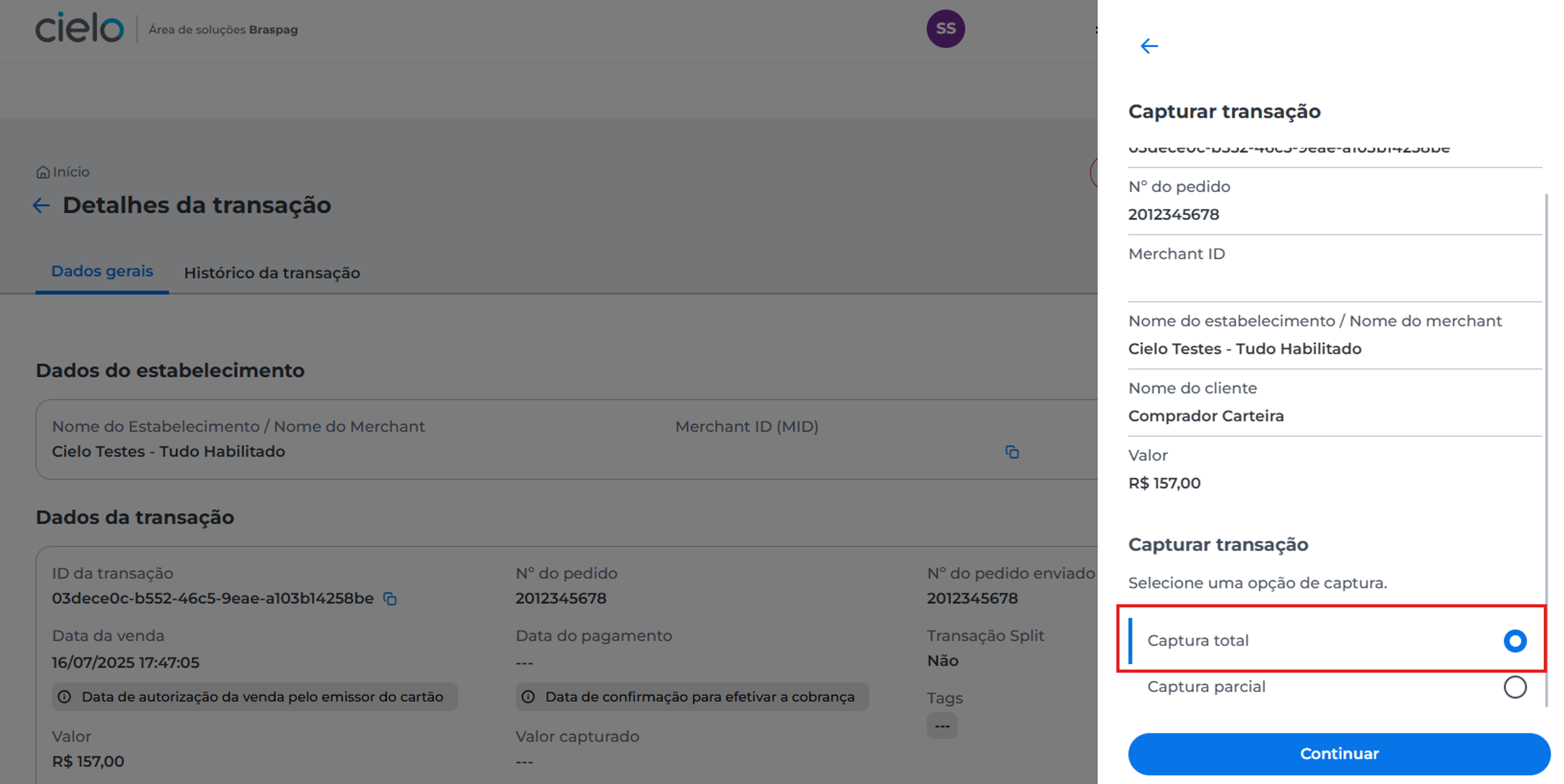 Janela com opções de captura exibida. A opção "Captura total" está selecionada, indicando a captura integral do valor da transação. Um botão "Continuar" está visível para prosseguir com a operação.