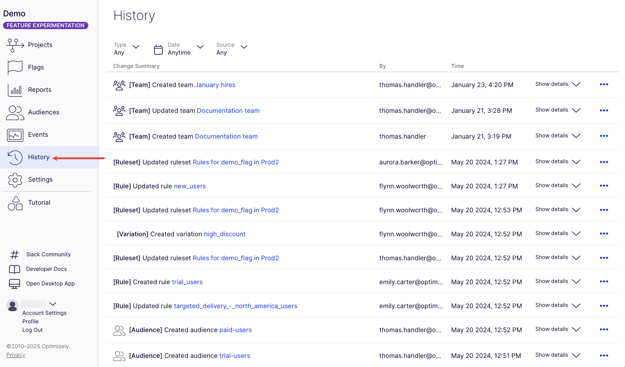 Change history of a Feature Experimentation project