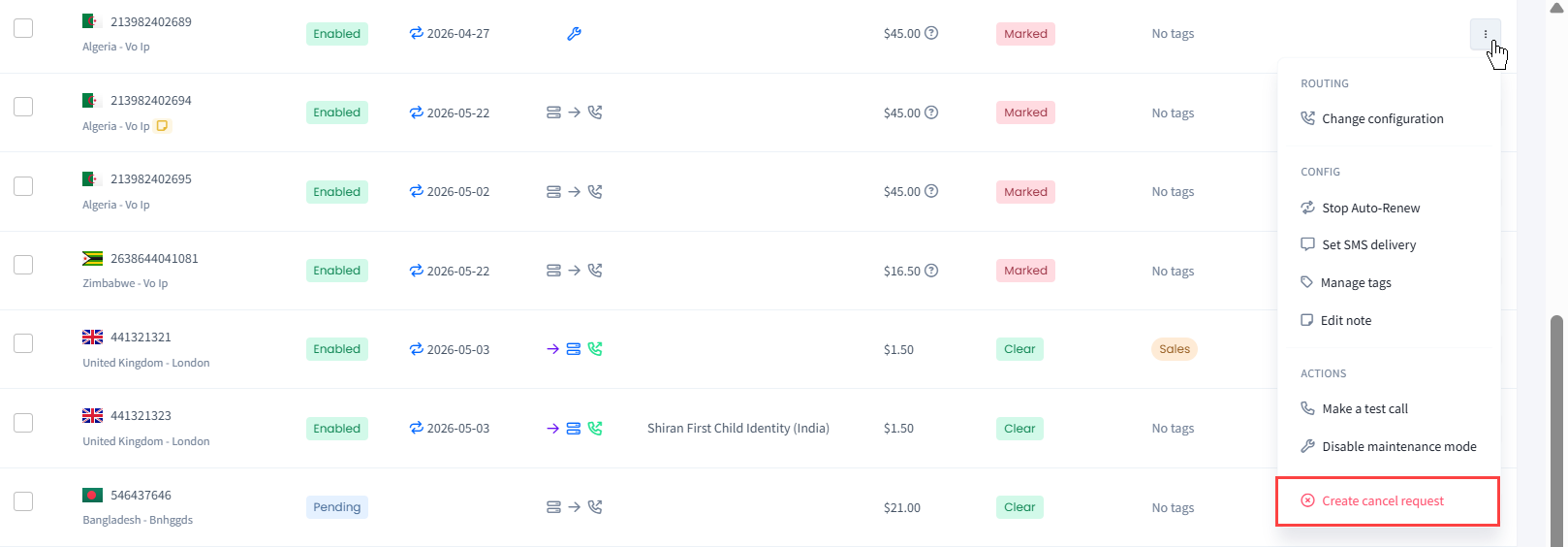 Screenshot of the Create cancel request action