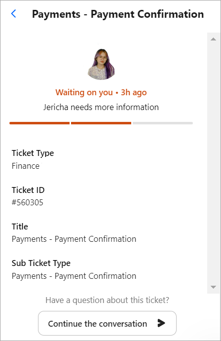 Screenshot of the chat with ticket details