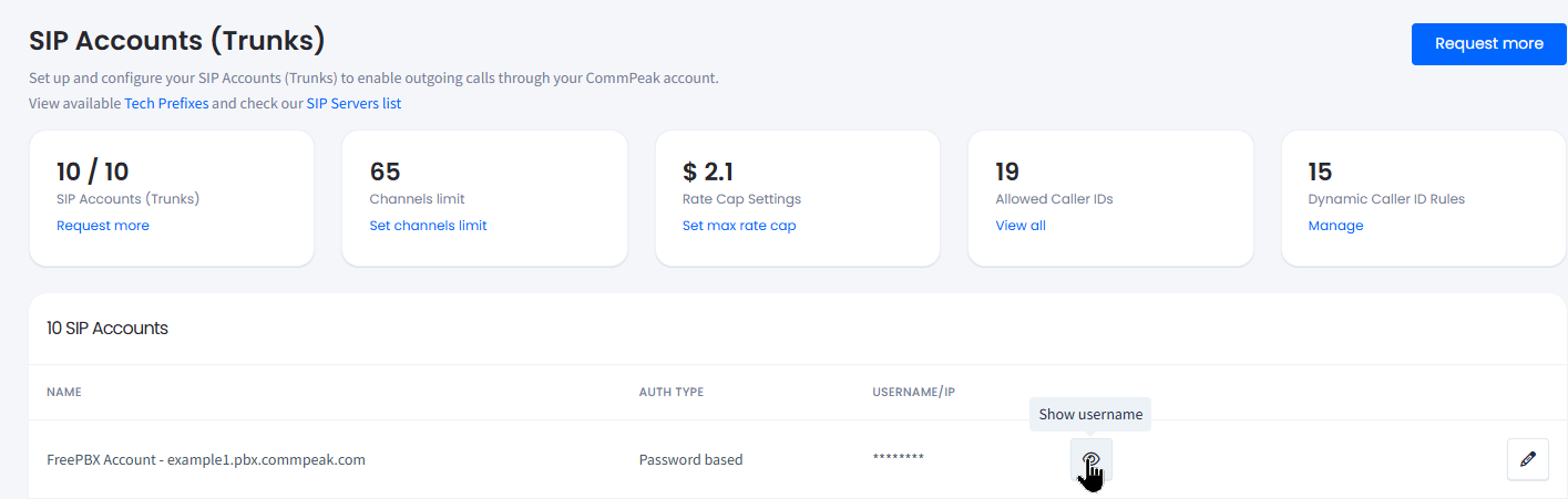 Screenshot of the SIP Accounts table