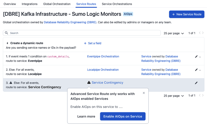 Error message from an Orchestration routing to a non-AIOps service