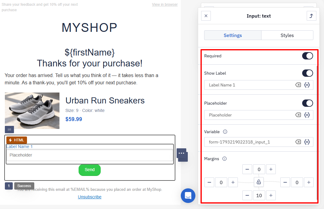 Field settings Required, Show Label, Placeholder, Variable, and Margins