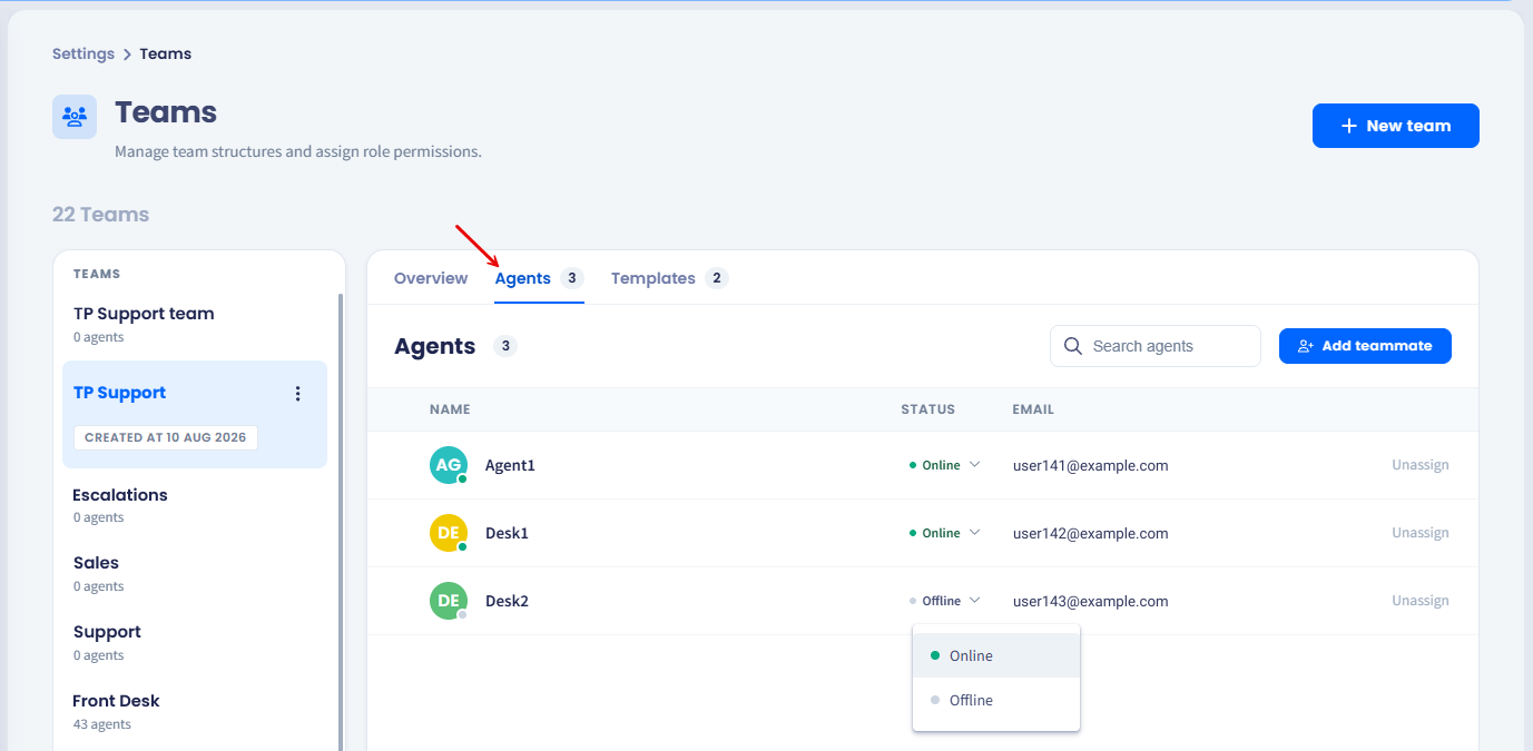 Screenshot with setting statuses on the Teams page