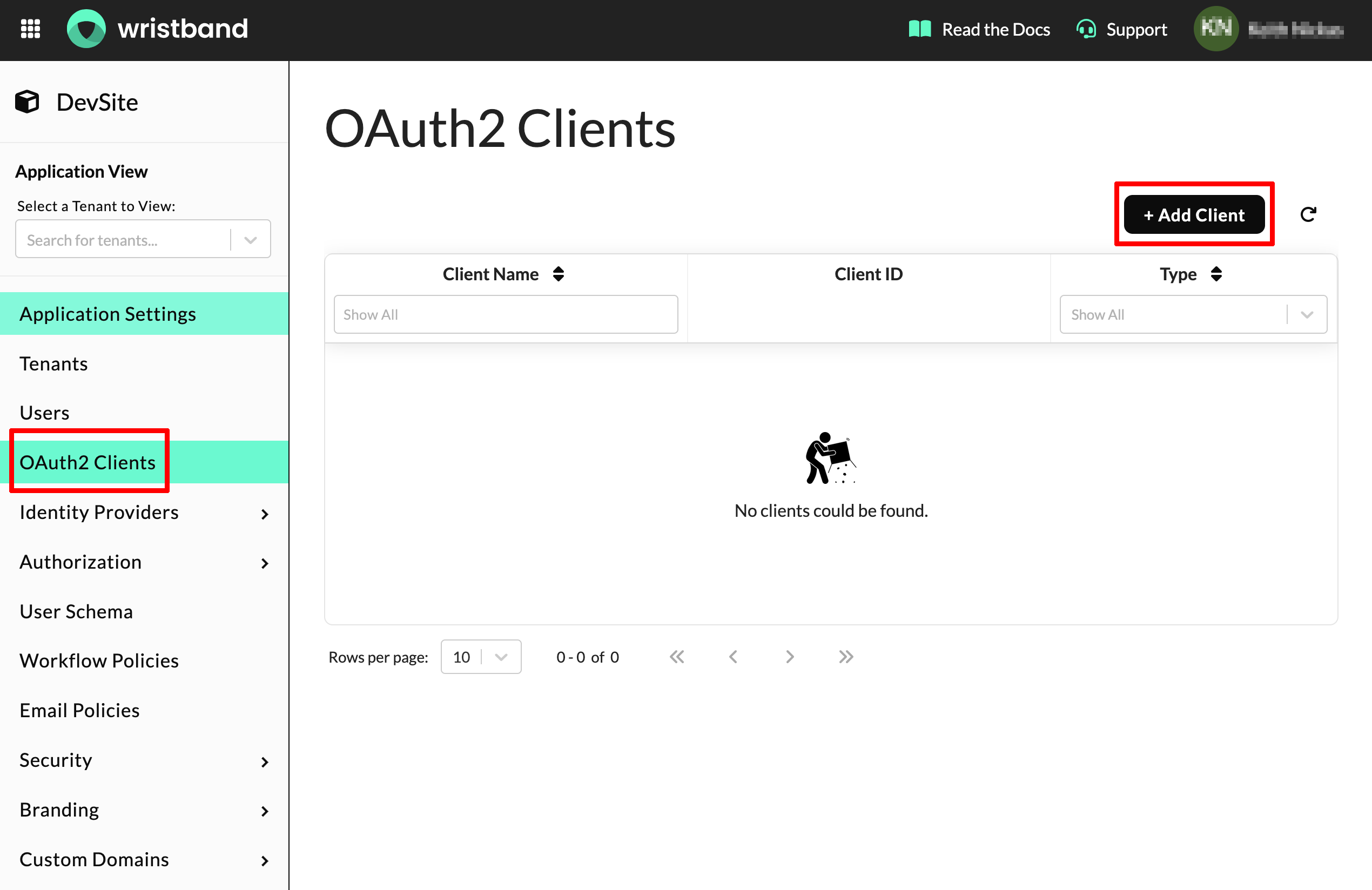 OAuth Clients Dashboard View. Highlighed left side navigation, OAuth2 Clients. Right side highlighted button for Add Client.