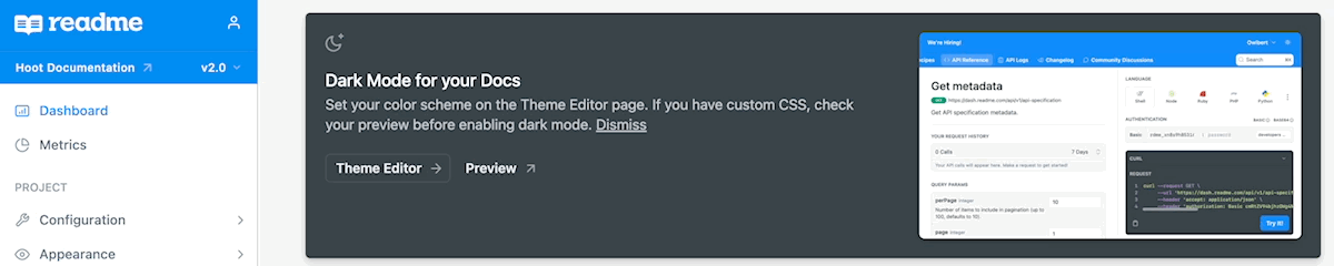 This banner will appear in project dashboards where their ReadMe plan supports custom CSS
