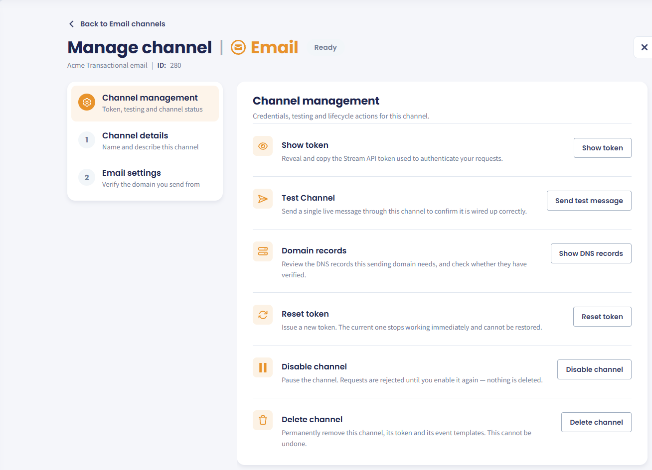 Screenshot of the Manage channel page for an Email channel with the Channel management section open