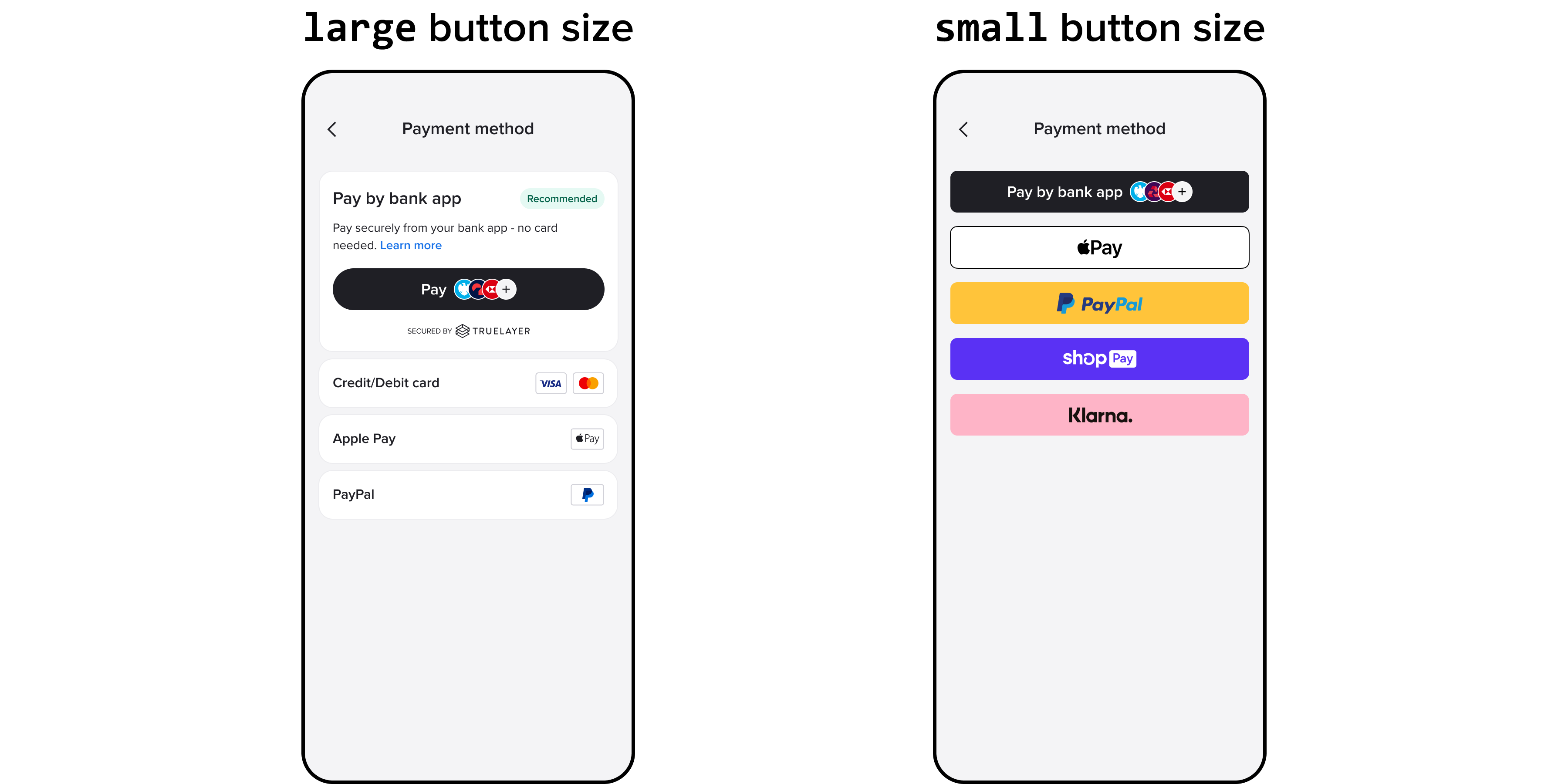 Examples of the Web SDK button UI with the `large` and `small` button sizes.