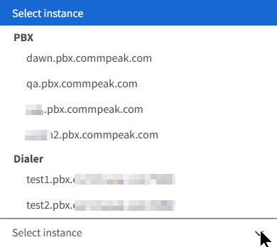 Screenshot with selcting CommPeak Dialer or PBX instance