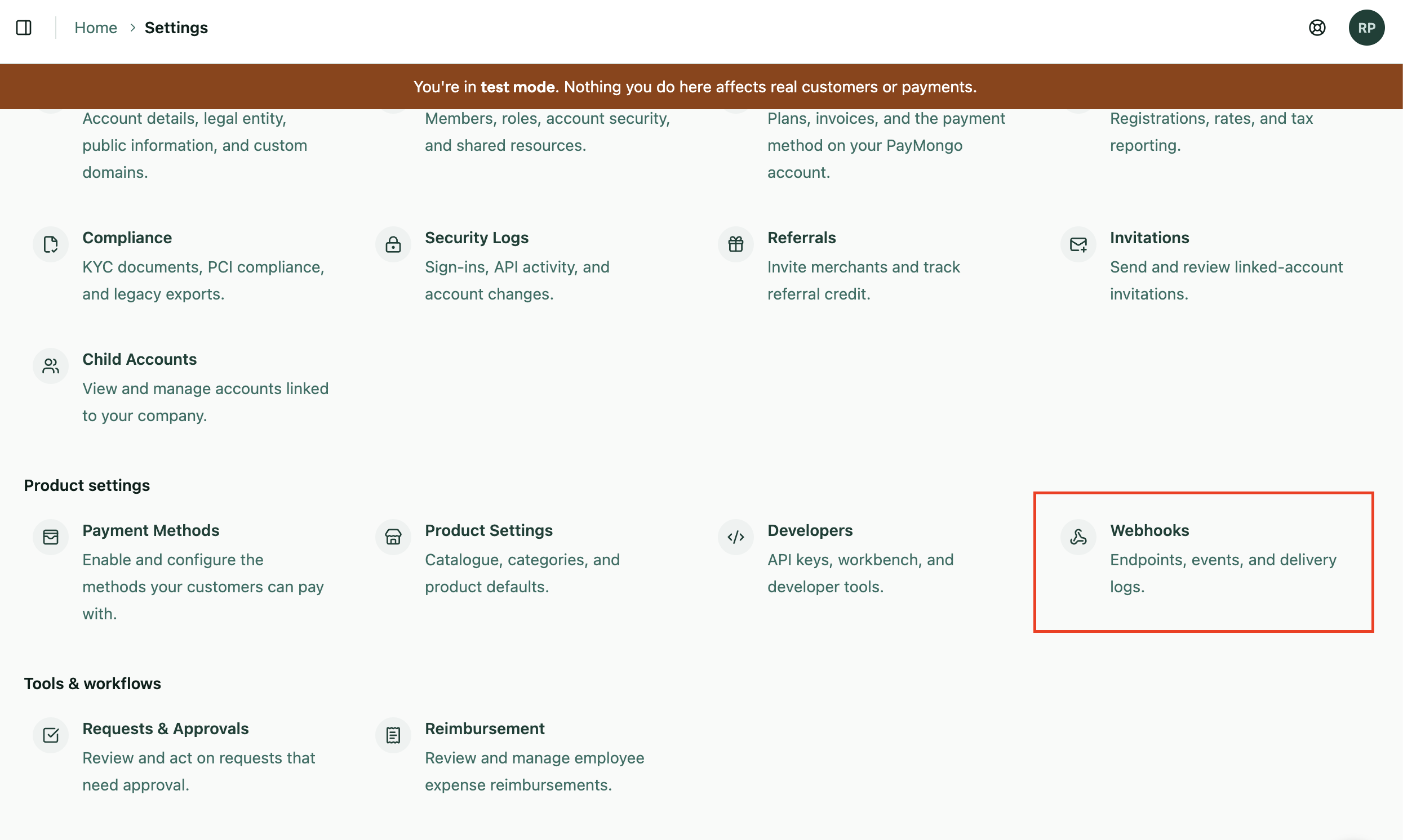 Webhooks in Settings