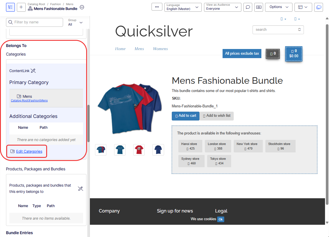 Screenshot of a product's Belongs to section listing the primary and additional categories the product belongs to.