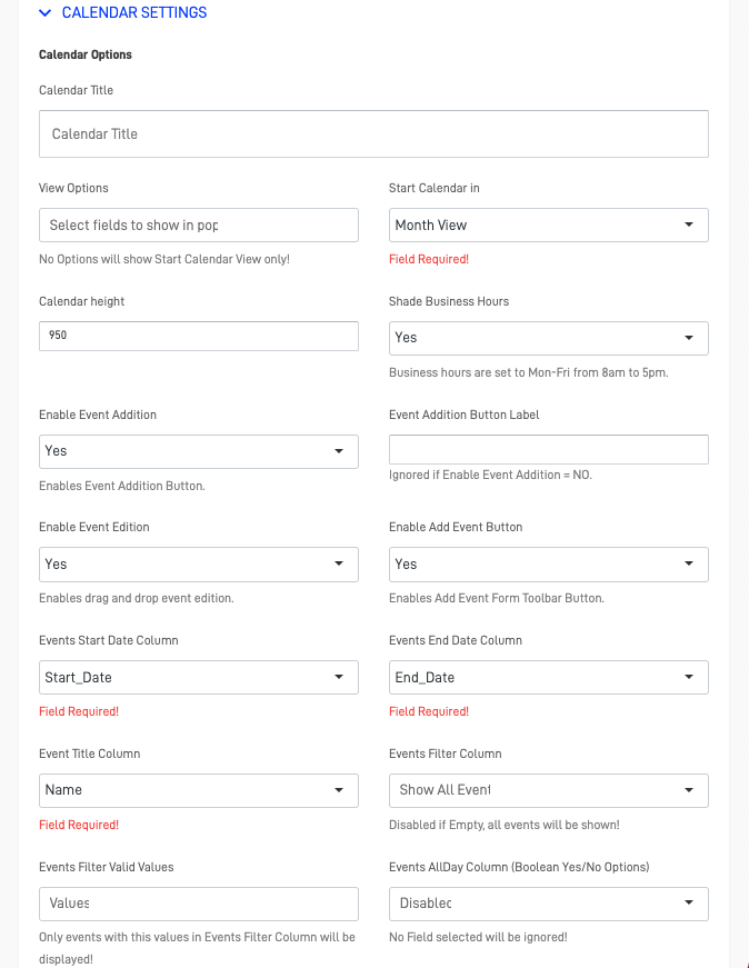 Calendar Settings Fields