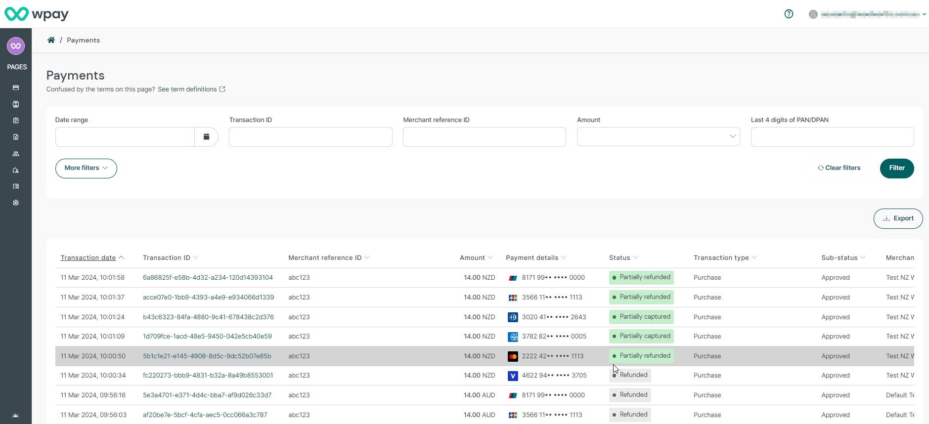 Payment search dashboard