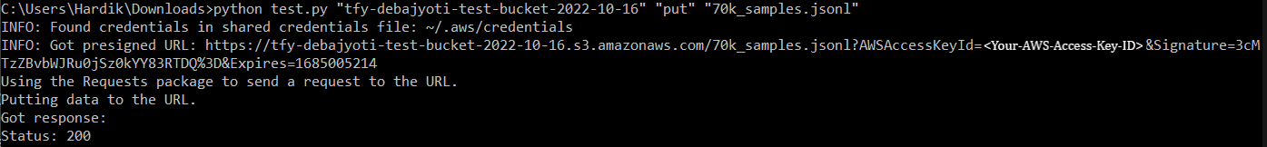 Output of uploading file to AWS S3 and getting the pre-signed URL