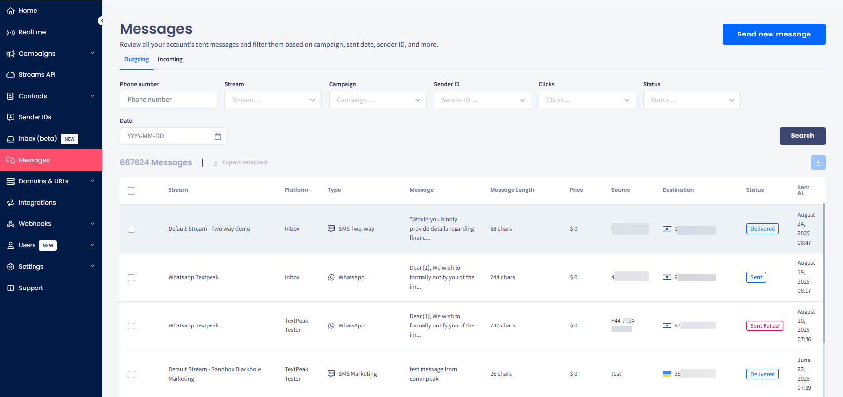 Screenshot of the Messages > Outgoing tab