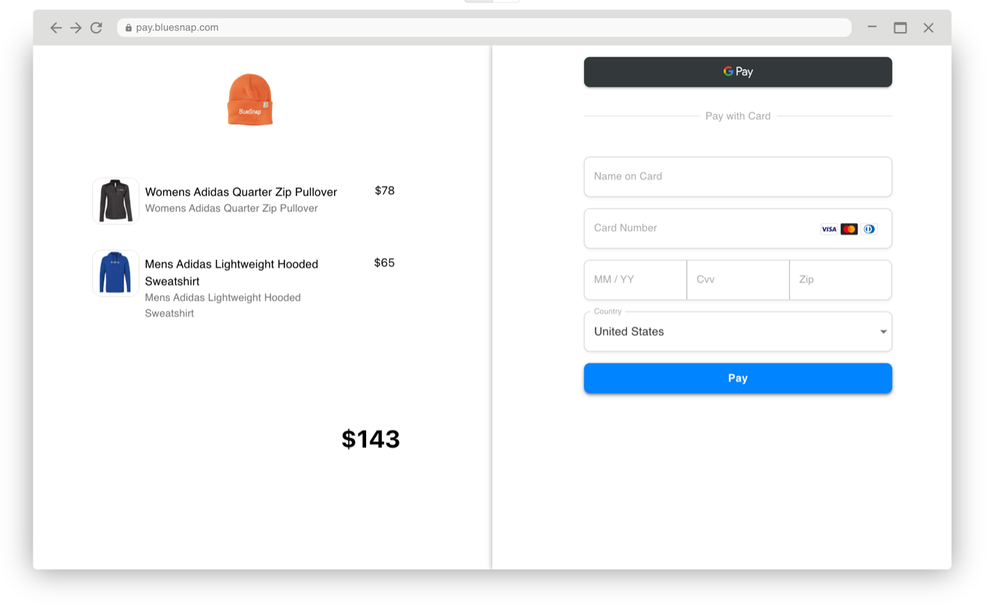 The image shows a website page for an online shopping checkout process. On the left side, there is a shopping cart section displaying two items - a women's Adidas quarter zip pullover priced at $78 and a men's Adidas lightweight hooded sweatshirt priced at $65, with a total cost of $143. On the right side, there is a payment form with fields to enter the cardholder's name, card number, expiration date (MM/YY format), CVV code, and ZIP code. The accepted payment methods are Visa, Mastercard, and Discover. There is also a dropdown menu to select the country, which is set to the United States by default. At the bottom, there is a prominent blue "Pay" button to complete the purchase.