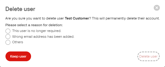 The confirmation screen to delete a user account in the dashboard.