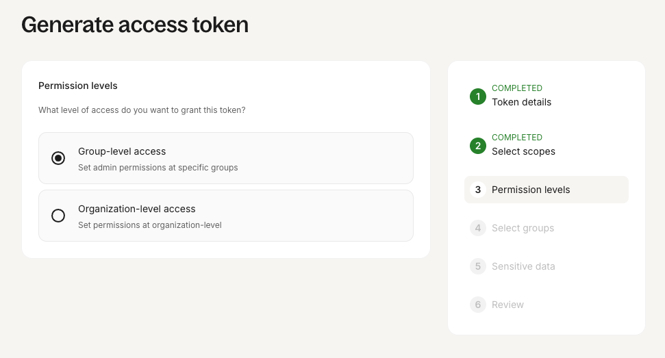 Screenshot showing the step where the group-level token groups are selected