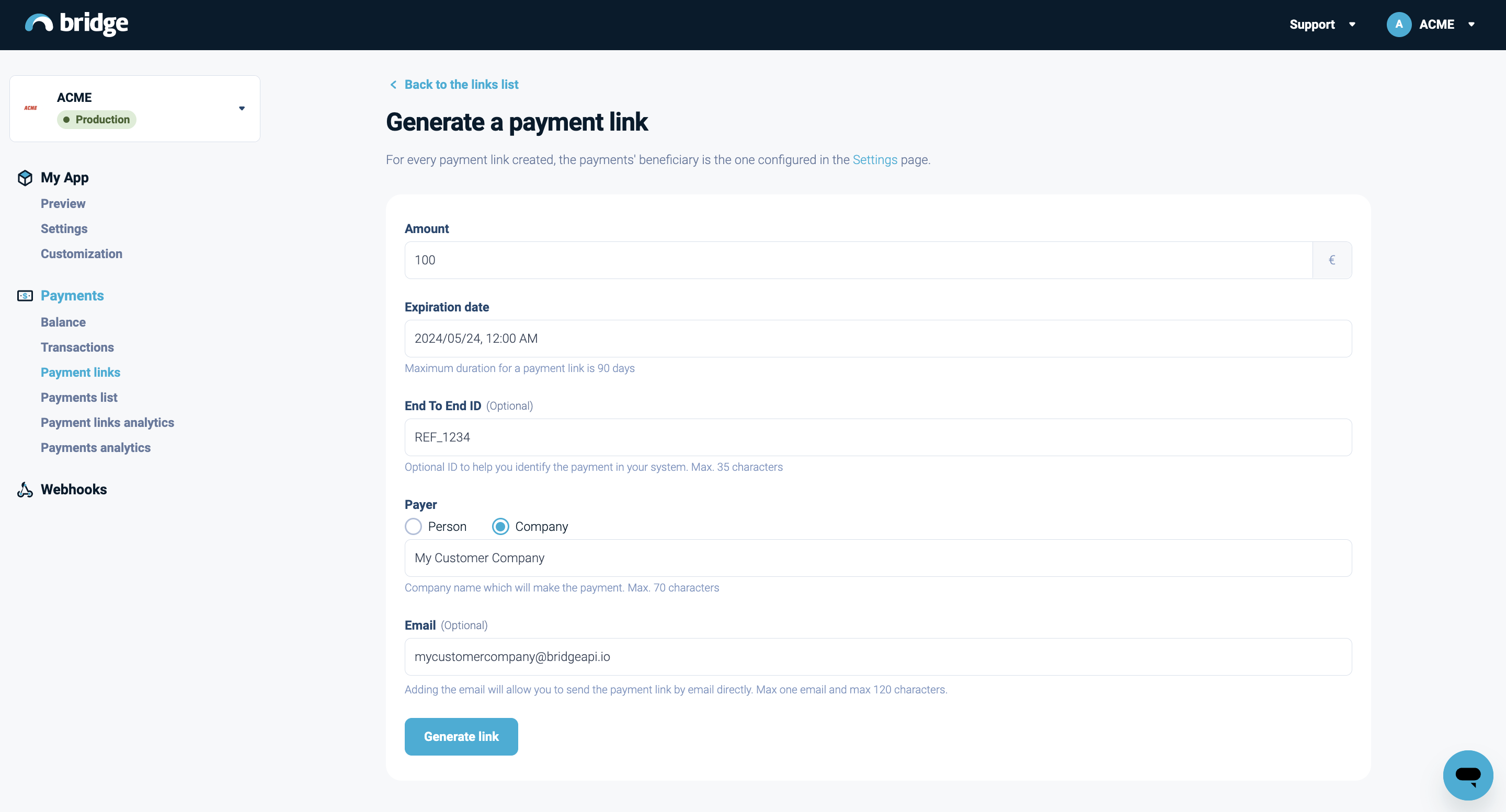 Generate a payment link