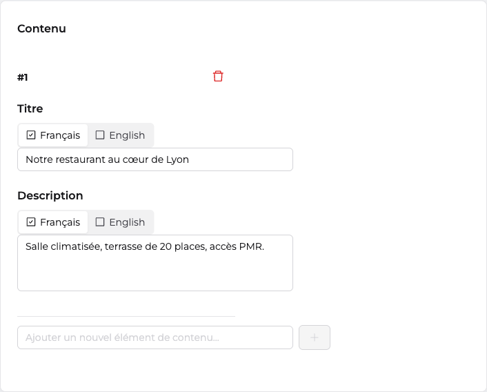 Section Contenu avec un bloc rempli : un titre et une description saisis en français, chacun avec ses onglets de langue