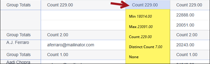 Viewing a Group Totals row to define how data is displayed