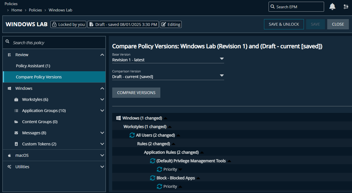 Compare policy versions to see changes between two copies of the same policy