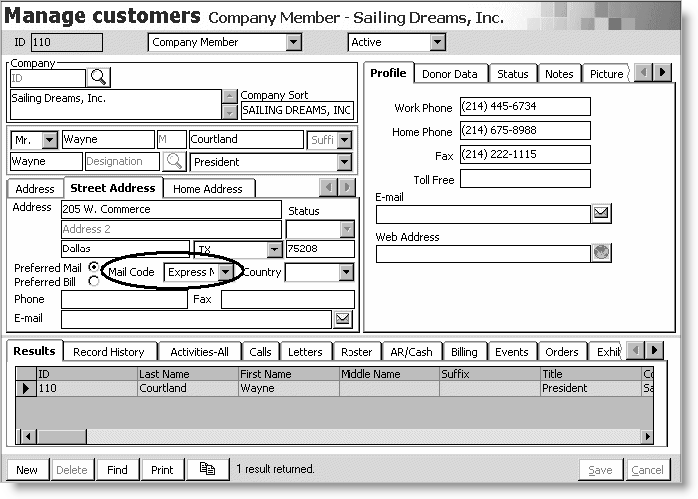 Sample customer record with Mail Code field