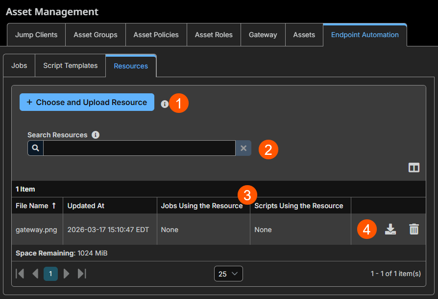 An image of the Privileged Remote Access interface showing the "Jump" section under "Endpoint Automation." The interface includes tabs for Jobs, Script Templates, and Resources. The Resources tab is selected, displaying options to choose and upload a resource, search resources, and a list of items with columns for file name, jobs using the resource, and scripts using the resource.