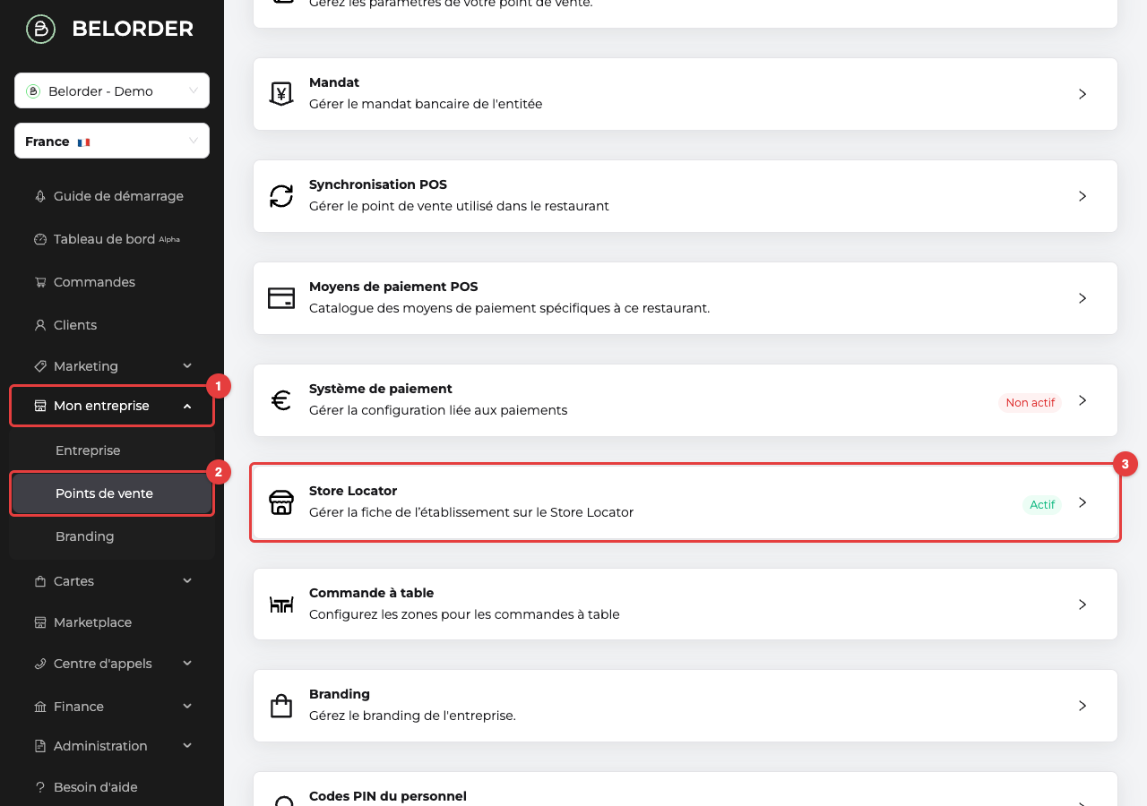 Parcours dans le dashboard : le menu Mon entreprise, le sous-menu Points de vente et la carte Store Locator sur la page du restaurant