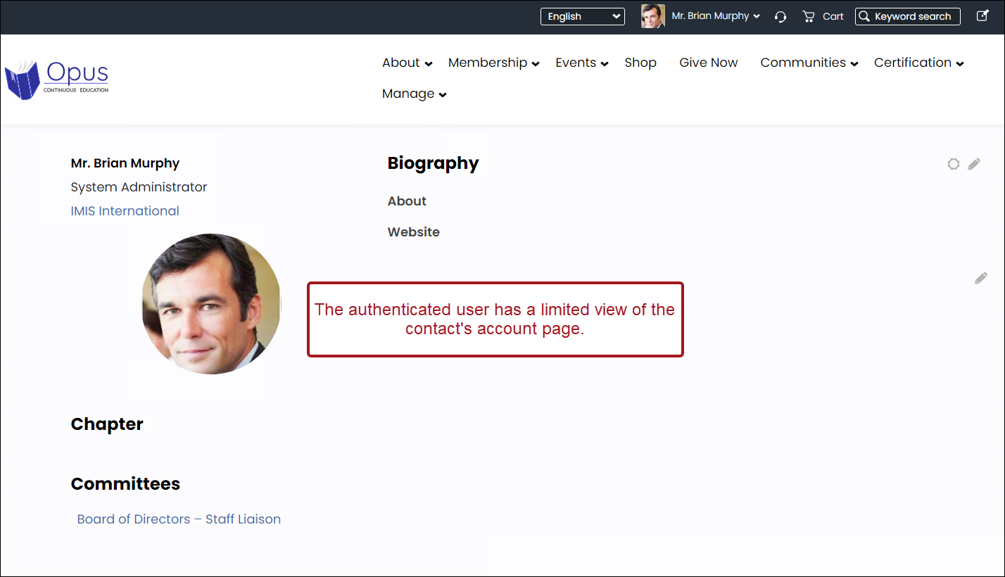 The authenticated user has a limited view of the contact's account page