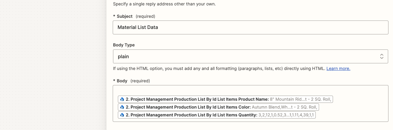 Material List line item keys/values are grouped together automatically.