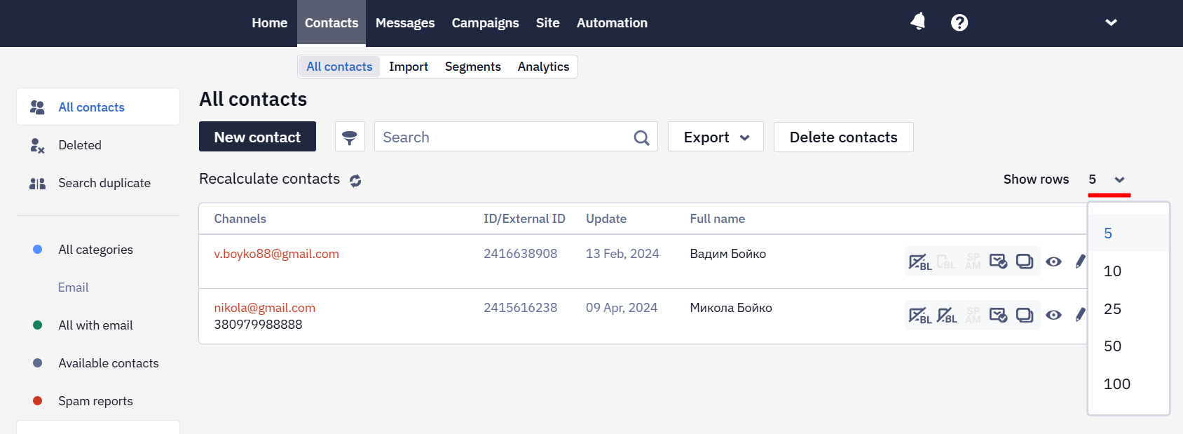 Show rows dropdown menu for setting the number of contacts per page