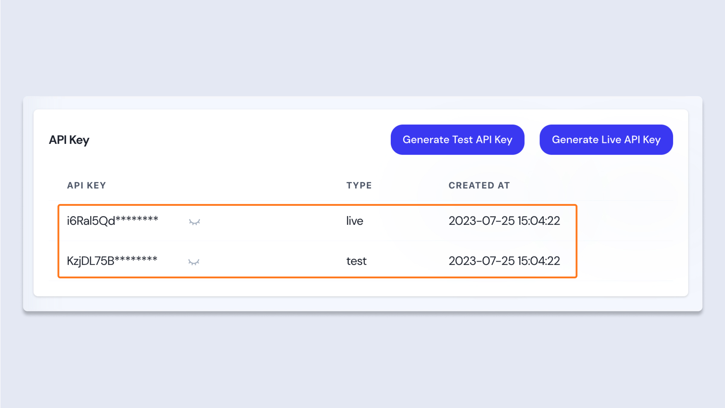 Test API Key, Live API Key 각각 하나씩 생성됨