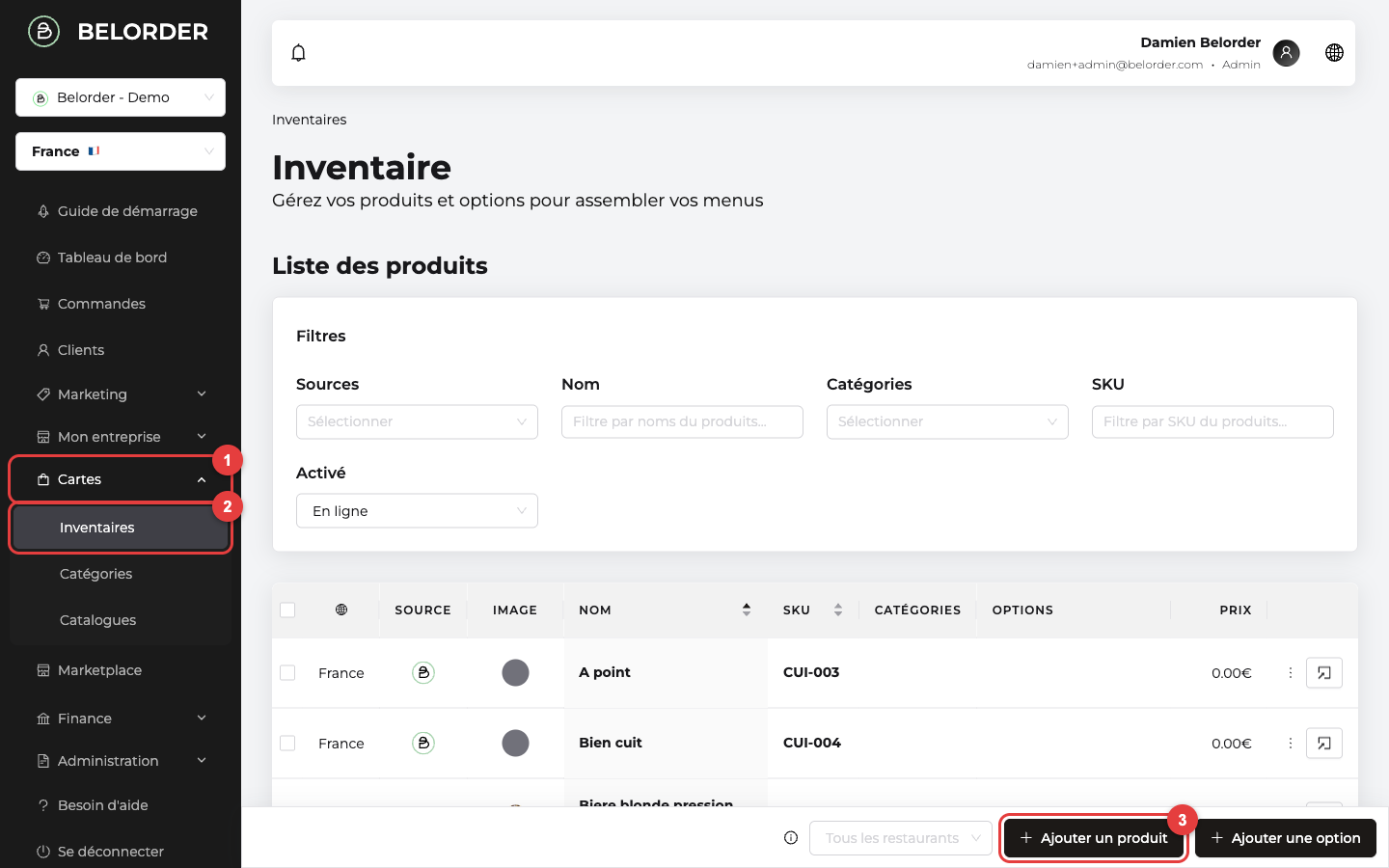 Parcours de navigation : 1. Cartes → 2. Inventaires → 3. Ajouter un produit