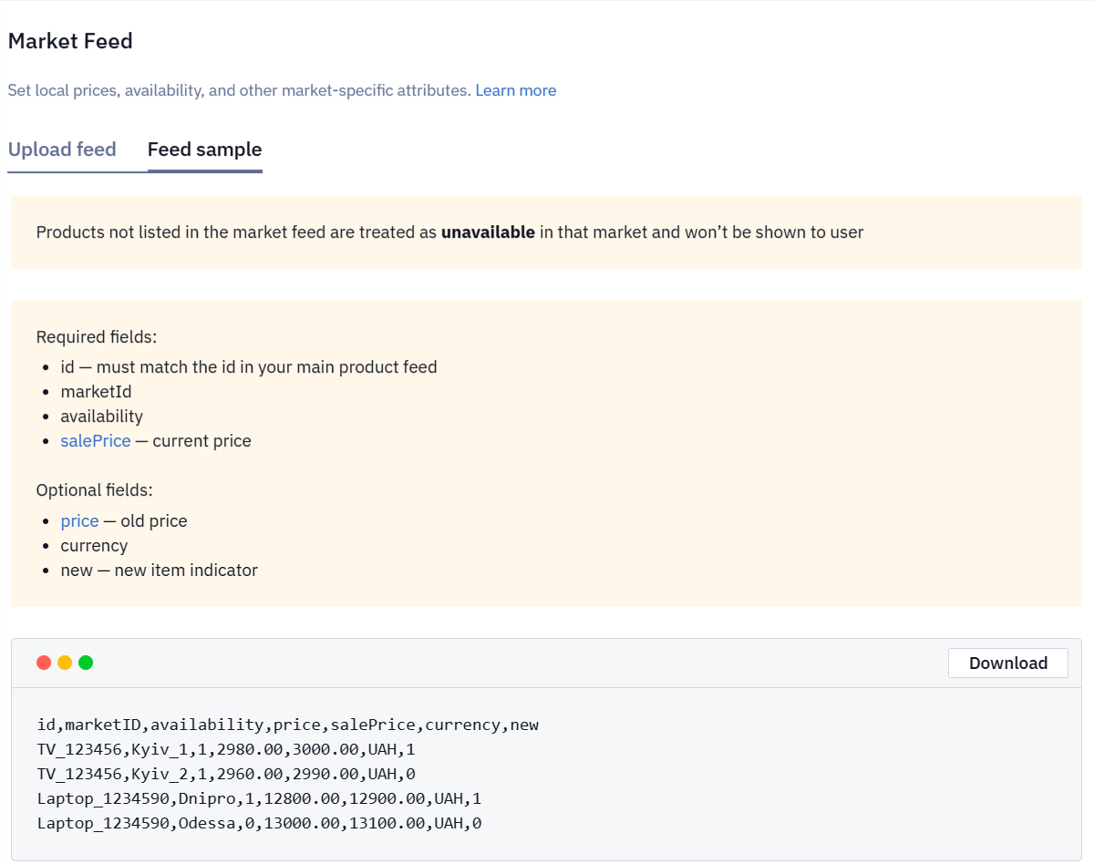 Feed sample tab with a list of required and optional fields and a CSV file sample