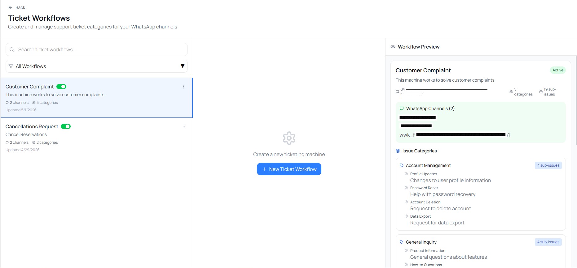 Ticket workflow configuration screen