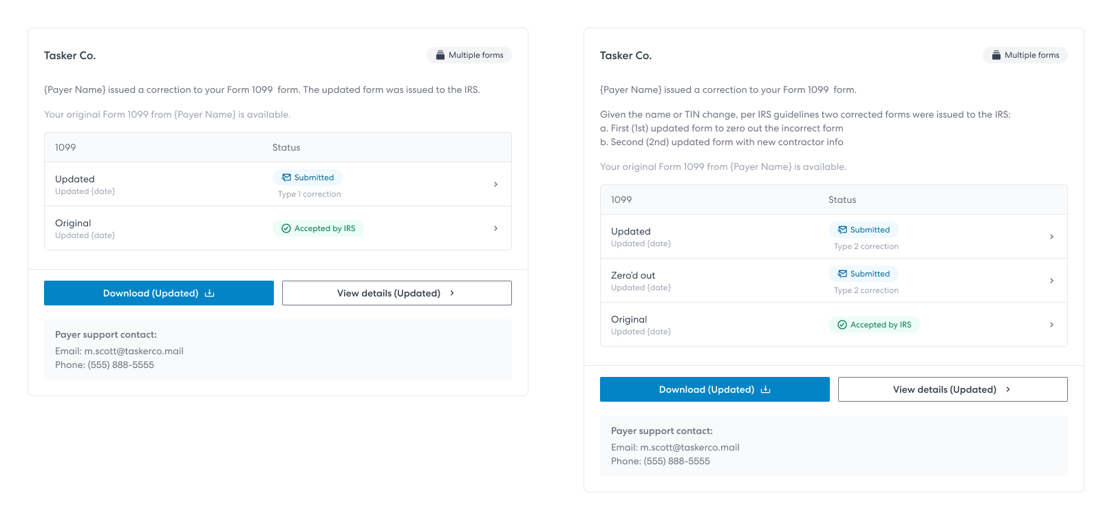 Images showing examples of what a recipient sees on their tax dashboard