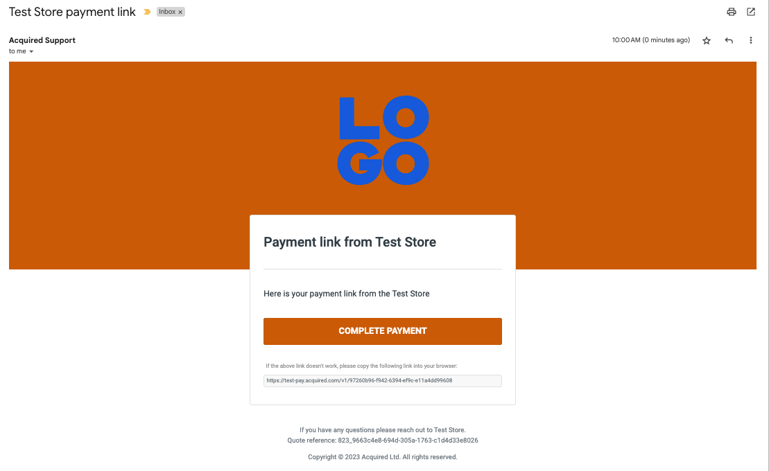 Sample email delivering a payment link