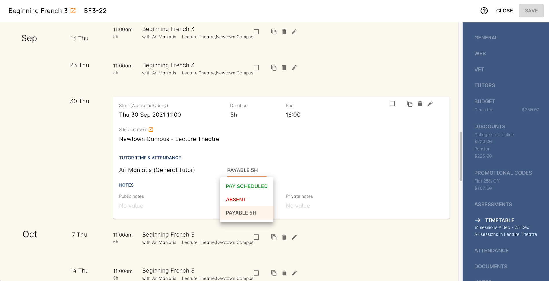 Figure 380. Set the roster status next to the name of each tutor.