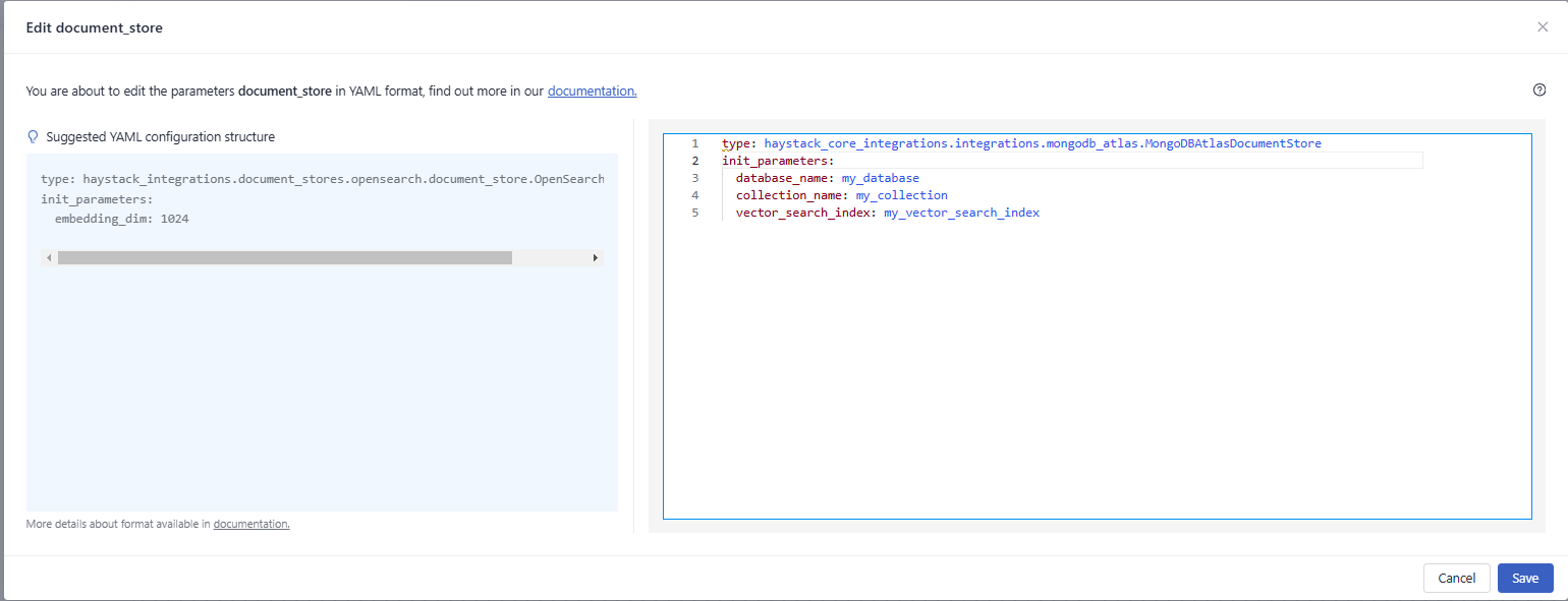 The document store configuration window with the YAML editor open and the init parameters filled in. 