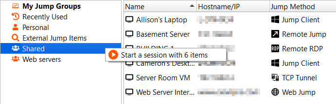 Jump Group with the right-click menu showing "Start a session with 6 items