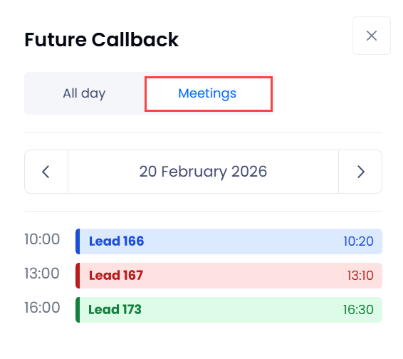Screenshot of the Future Callback > Meetings tab