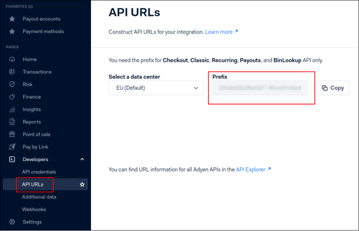 A screenshot showing the Adyen API URLs.