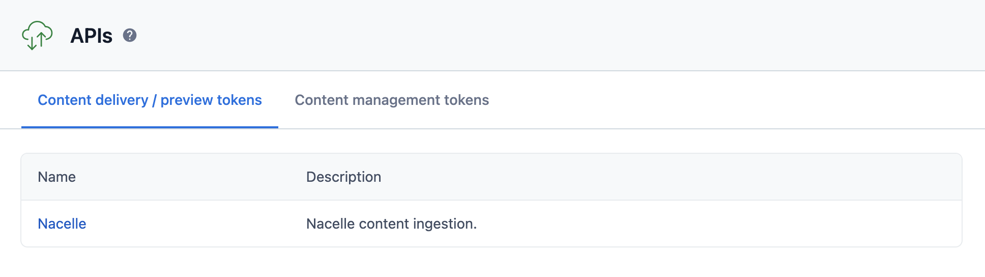 the Contentful "APIs" menu shows a single token named "Nacelle"