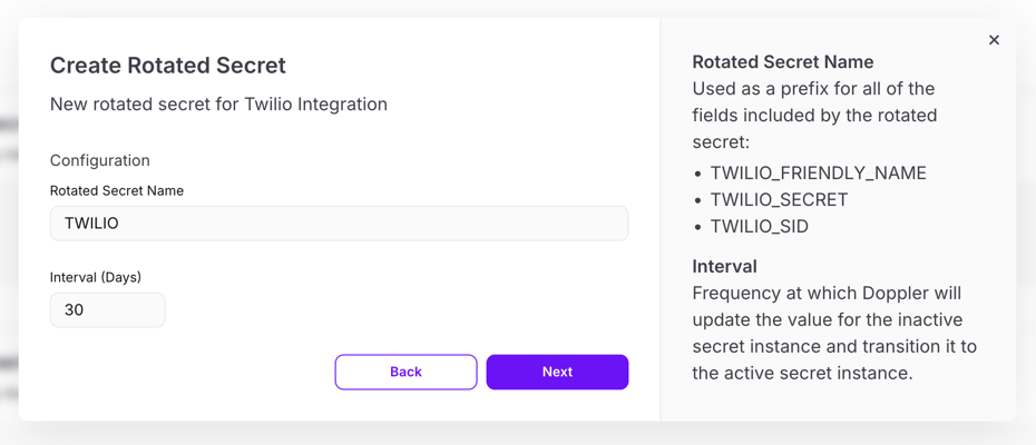 Screenshot of modal in Doppler UI to set up new rotated secret for Twilio