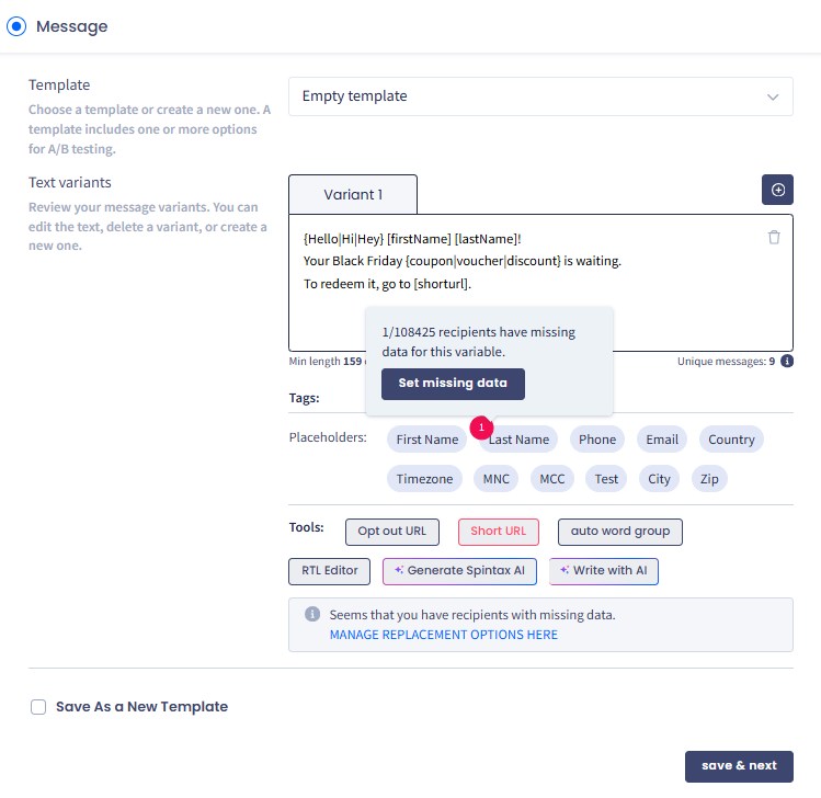 Screenshot of the Message section