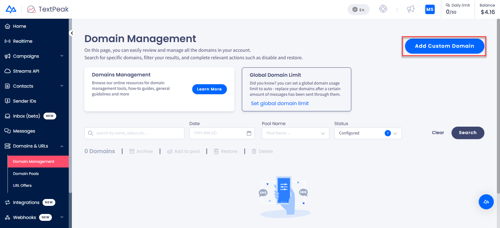 Screenshot of the Domain Management page